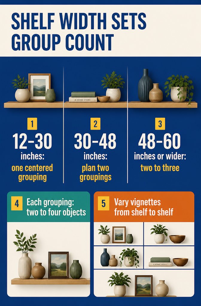 Shelf width diagram showing suggested group counts for different shelf sizes