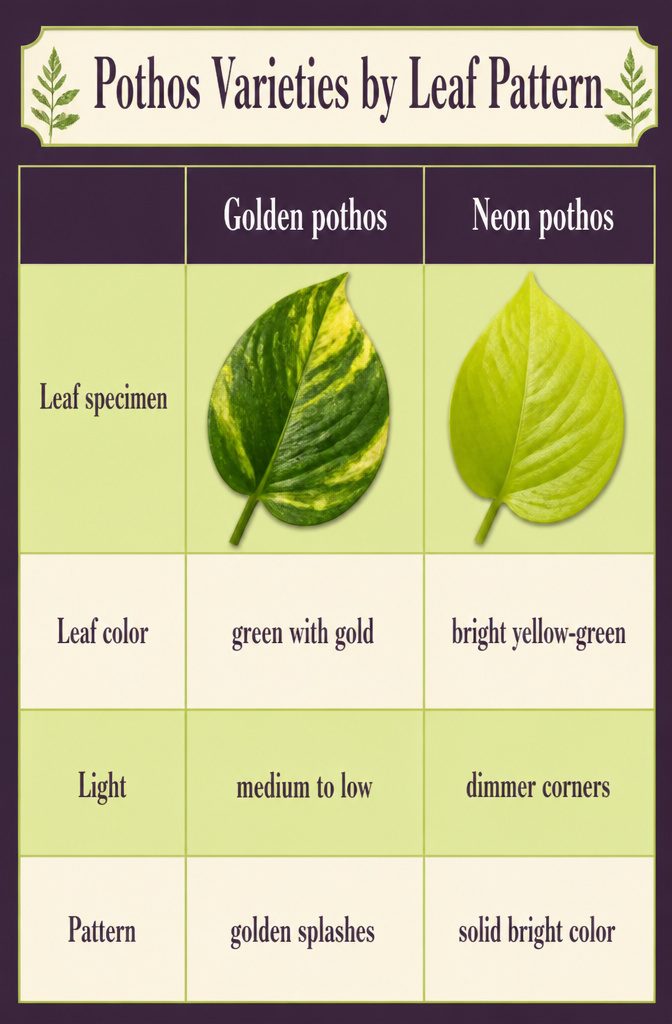 How to Care for Pothos: 7 Steps for Healthy Indoor Vines 10 Pothos variety guide showing leaves with golden neon marbled and silver patterns