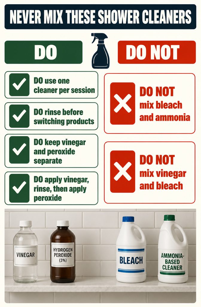 Shower cleaner safety guide listing vinegar peroxide bleach and ammonia