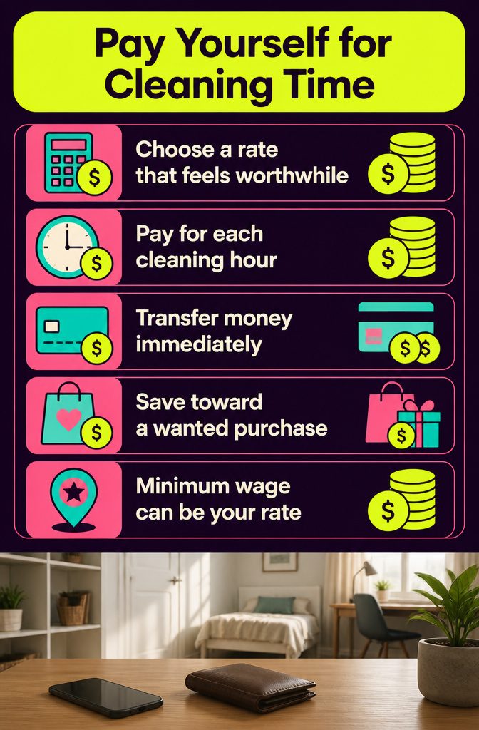 How to Be Motivated to Clean Your Room: 19 Methods 16 Cleaning infographic showing an hourly payment plan and a separate spending account