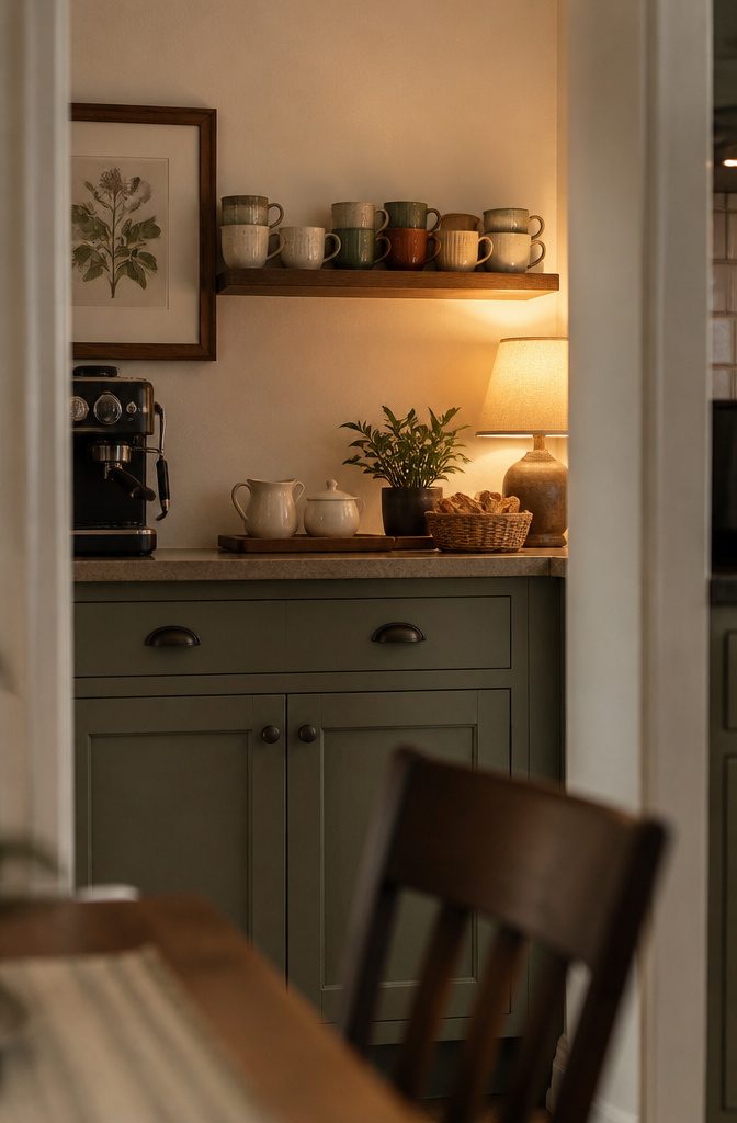 How to Build a Home Coffee Station: 6 Steps to a Working Setup 6 Cream green and rust mugs above a pitcher sugar bowl and biscotti