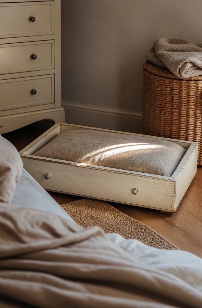 10 Ways to Repurpose Old Dressers for Your Home 6 Dresser drawer used as a pet bed with a cushion inside