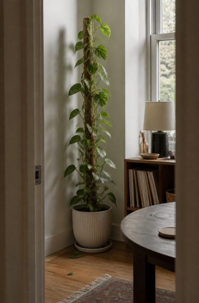 Pothos vine climbing a coco coir pole beside a low bookcase