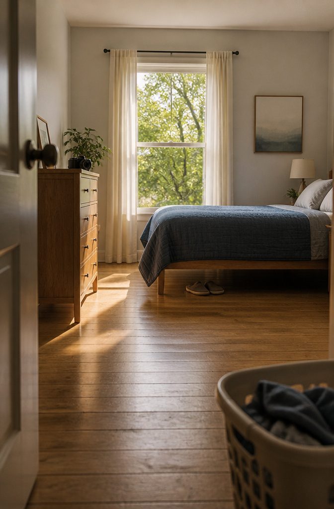 How to Be Motivated to Clean Your Room: 19 Methods 10 Bedroom with a made bed clear floor and sunlight falling across the room