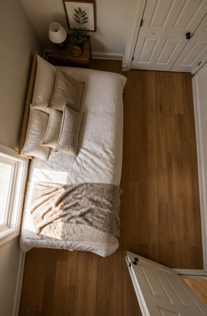 Bed positioned along a clear bedroom wall with open floor space