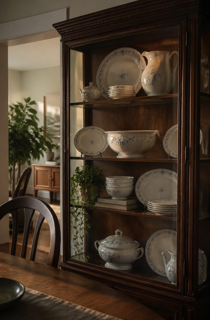 China cabinet shelf with a tall pitcher and large serving pieces