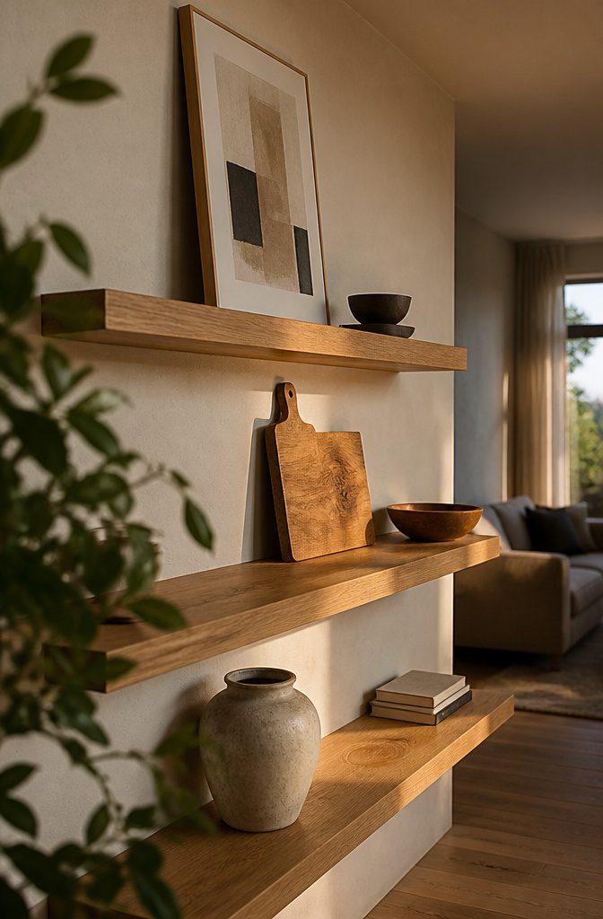 Wall shelves with a leaning framed print, wood bowl, and ceramic vase