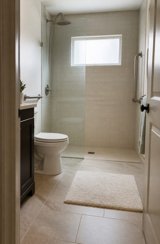 25 Ways to Update a Small Bathroom Without a Full Remodel 15 Bathroom with brushed-nickel grab bars and curbless tiled shower entry