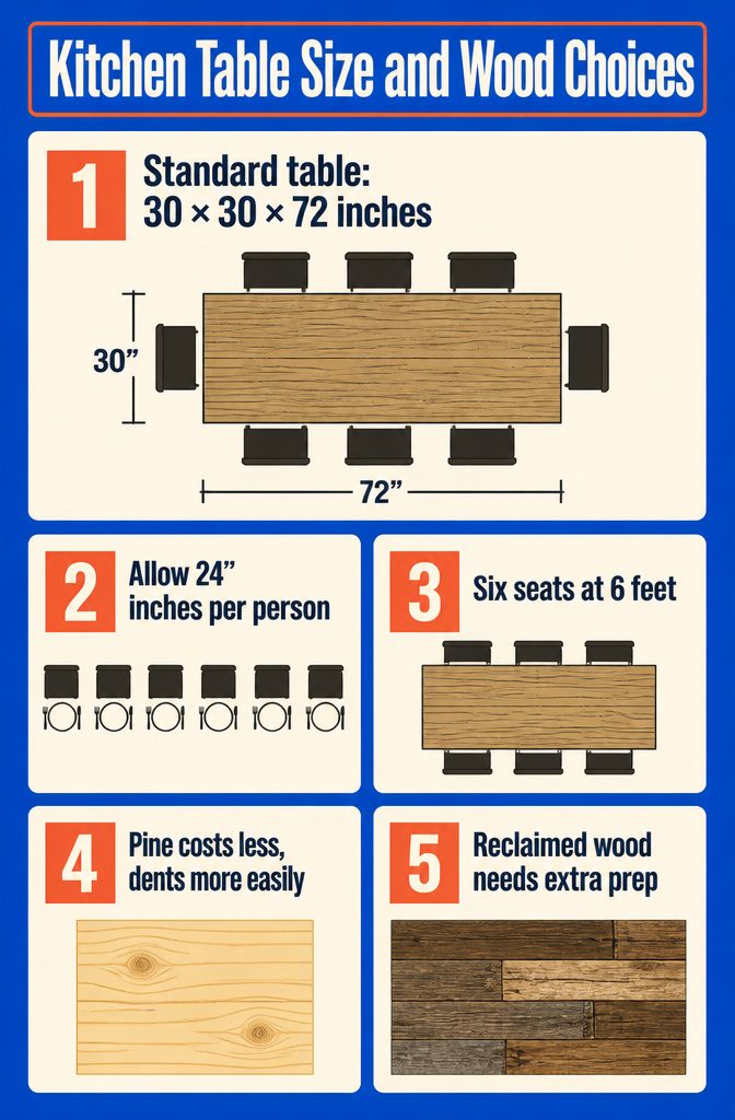 How to Build a Kitchen Table: 8 Steps from Planning to Finish 2 Kitchen table size chart beside wood choices for a home interior