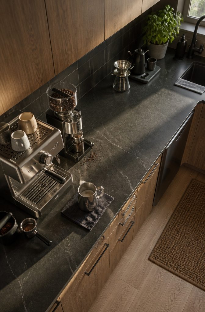 How to Build a Home Coffee Station: 6 Steps to a Working Setup 11 Espresso machine beside a grinder with a portafilter and milk pitcher nearby