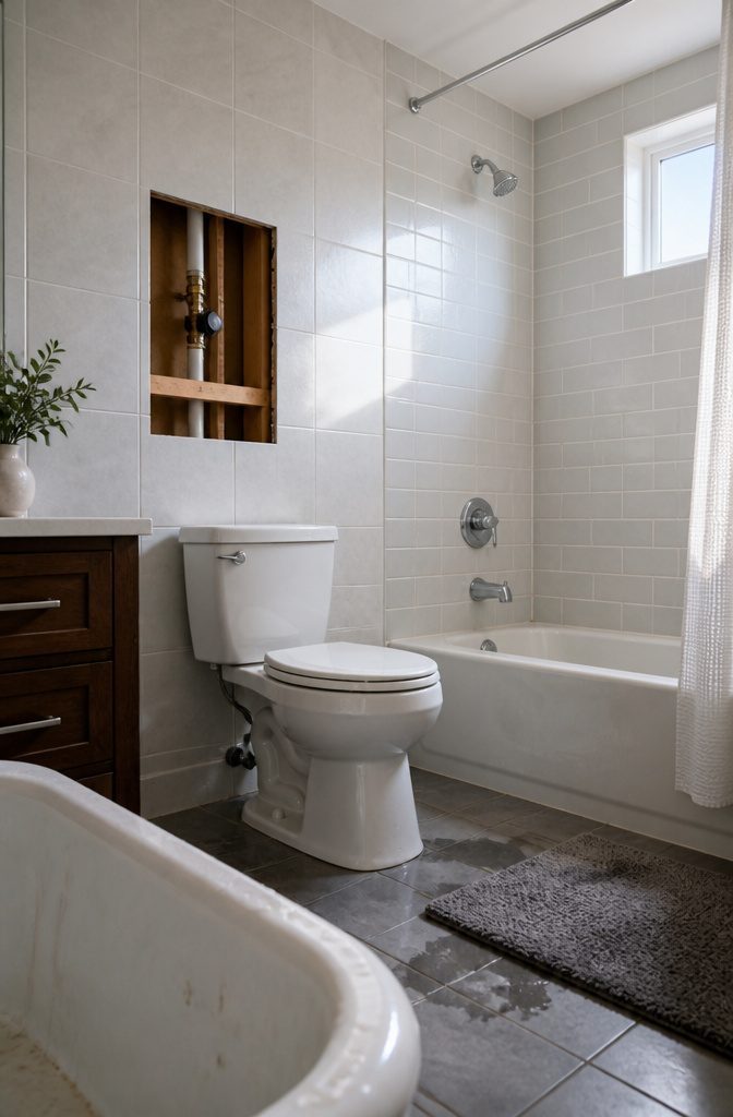 Rectangular opening marked on a tiled bathroom wall above a toilet