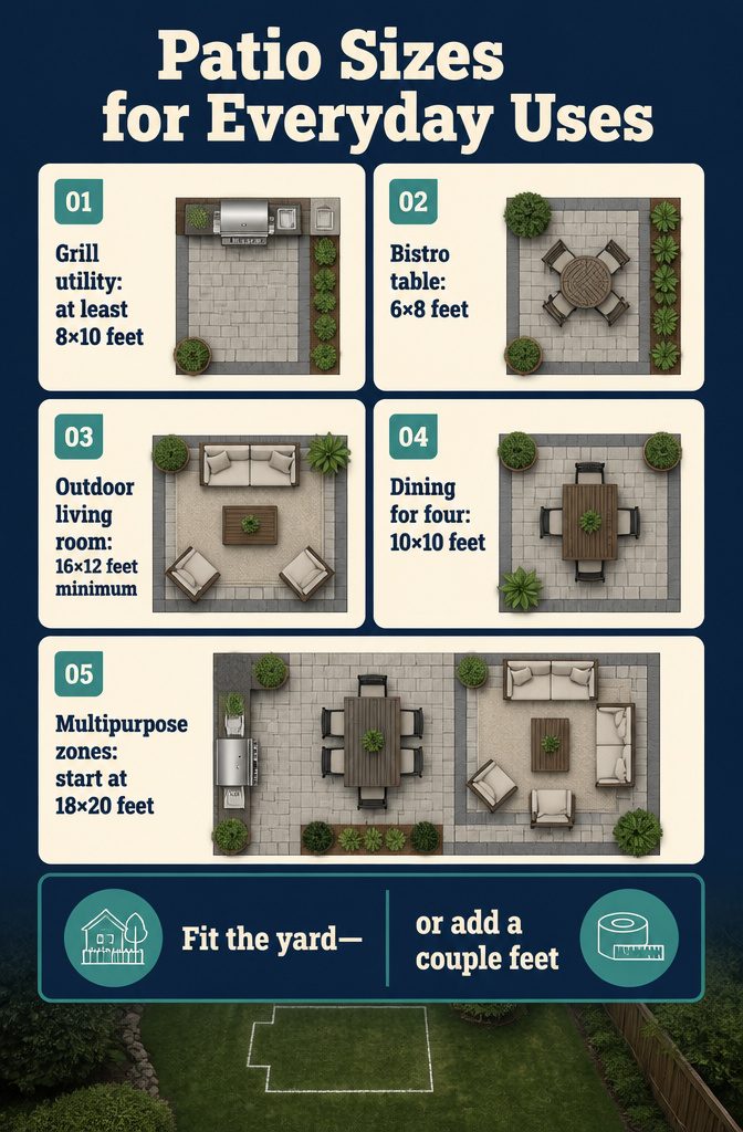 How to Design a Patio: 8 Steps from Planning to Installation 4 Patio size chart with footprints for everyday outdoor uses