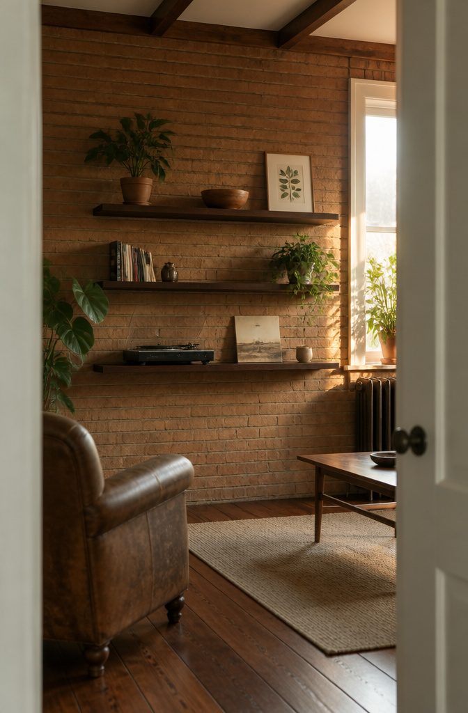Living room wall shelves holding books, framed art, and decorative objects