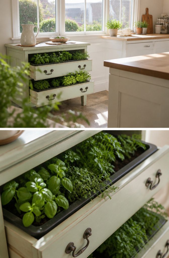 10 Ways to Repurpose Old Dressers for Your Home 10 Dresser drawers used as planters with pots and visible drawer pulls