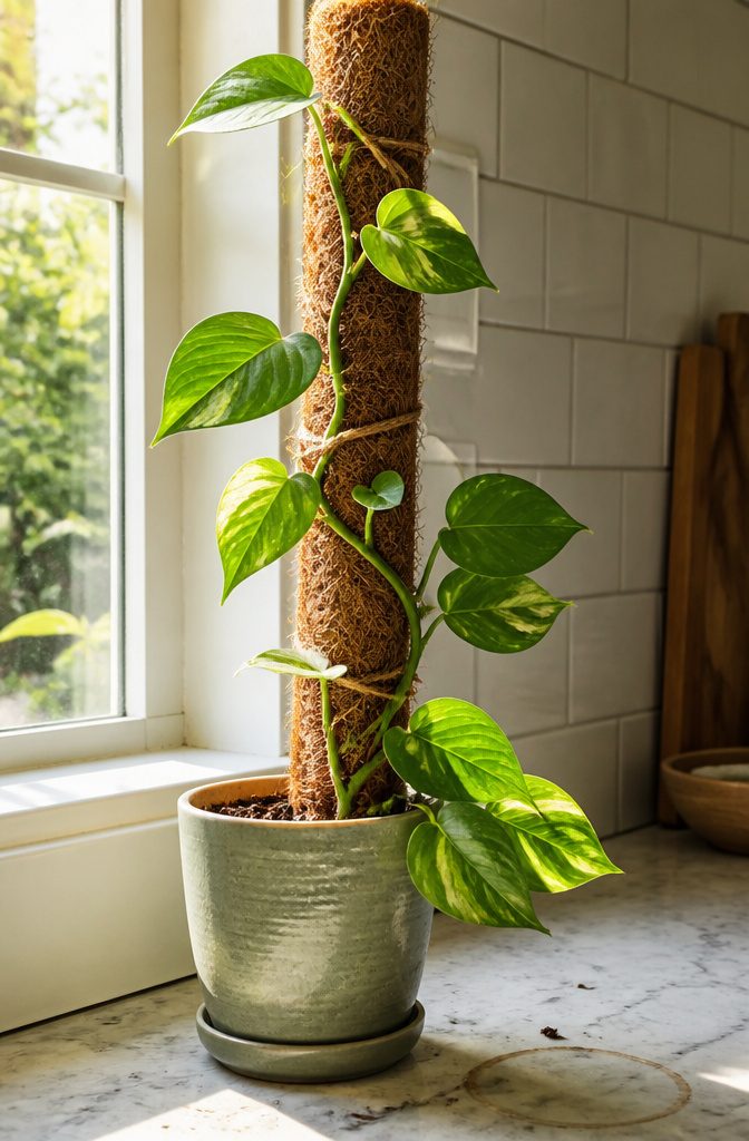 Pothos aerial roots touching a coir pole beside a loose tie