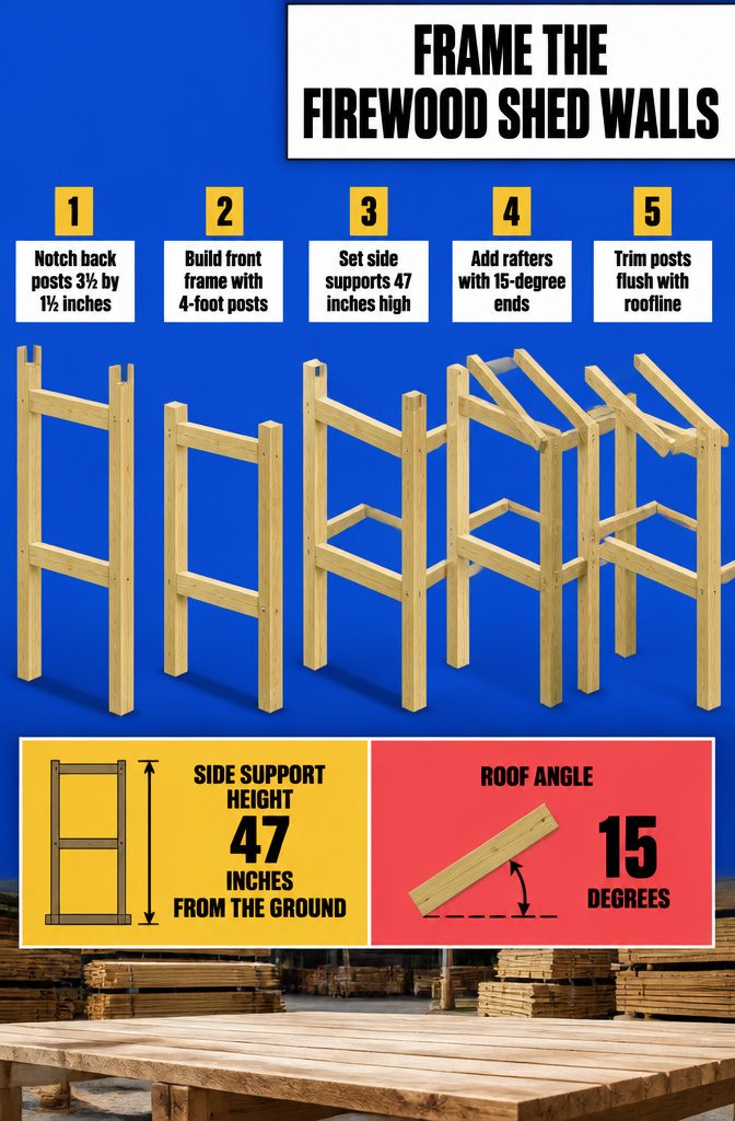 How to Build a Firewood Shed: 7 Steps from Ground to Roof 4 Firewood shed wall frame with upright posts side supports and angled rafters