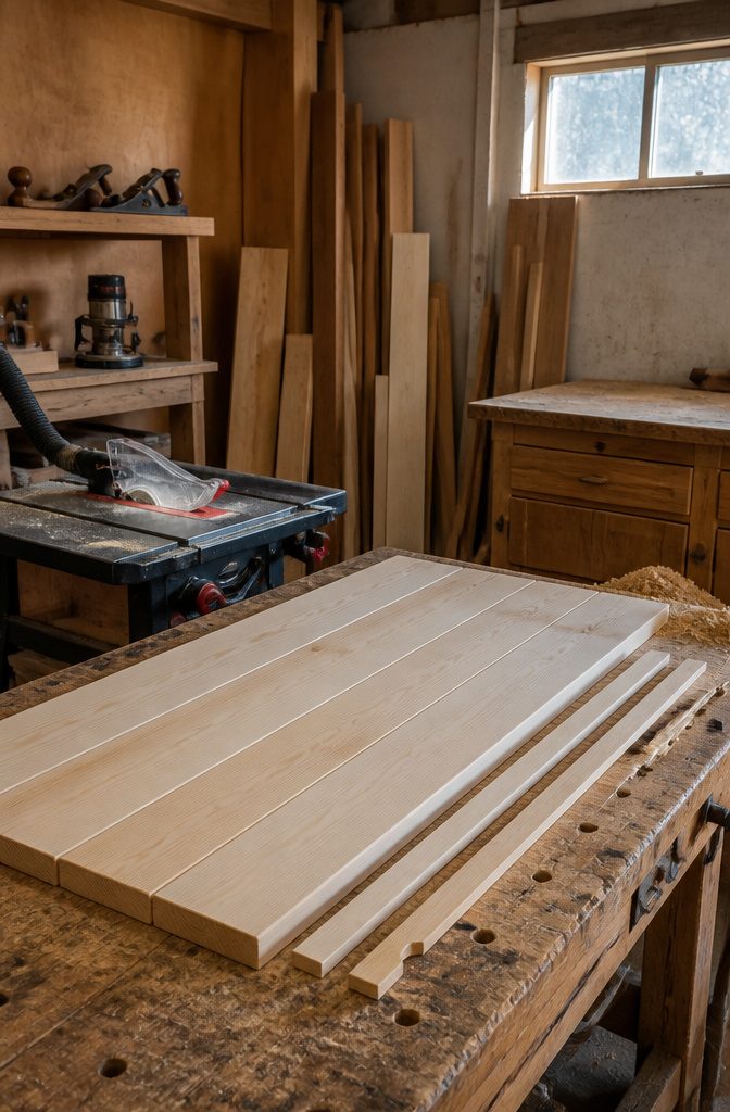 How to Build a Kitchen Table: 8 Steps from Planning to Finish 4 Pale tabletop boards with clean edges beside a guarded table saw