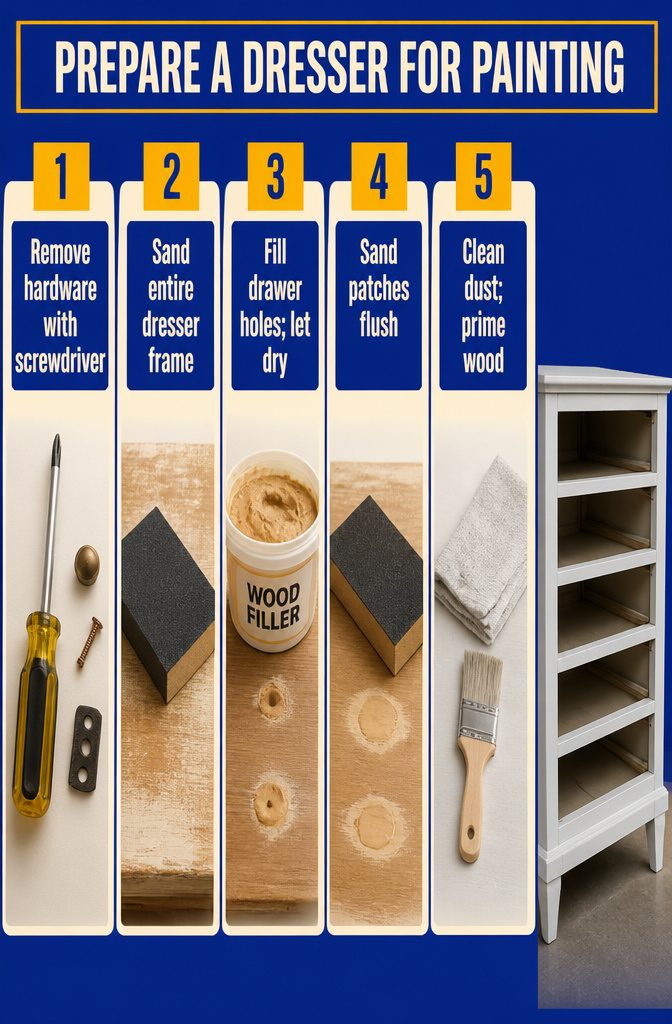 10 Ways to Repurpose Old Dressers for Your Home 12 Dresser frame prepared for painting with sanded surfaces and filled drawer openings