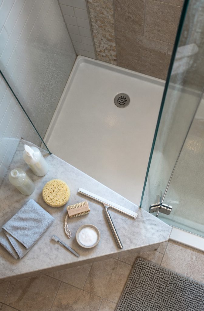 Shower cleaning supplies with microfiber cloths brushes and cleaner