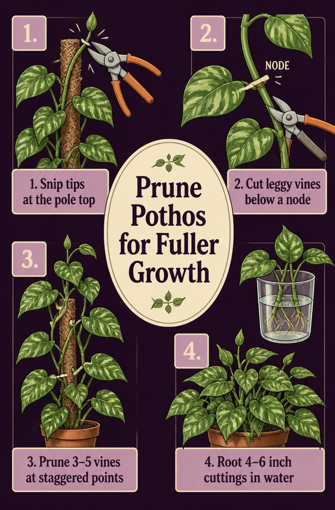 Pothos cuttings and pruning tools arranged beside a potted plant
