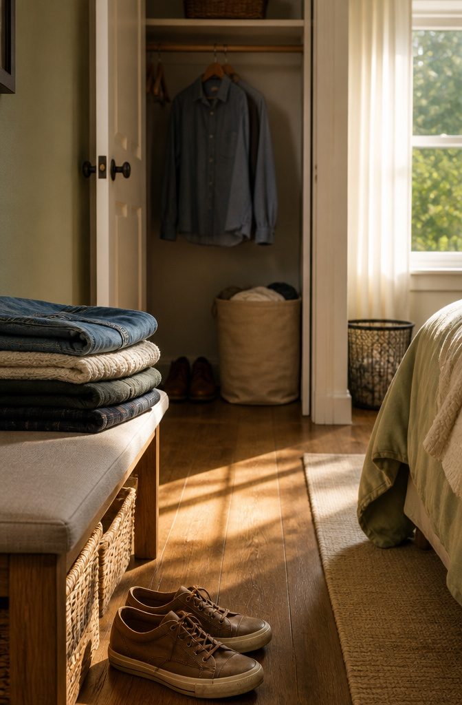 Open bedroom closet with a shirt on a hanger and shoes below