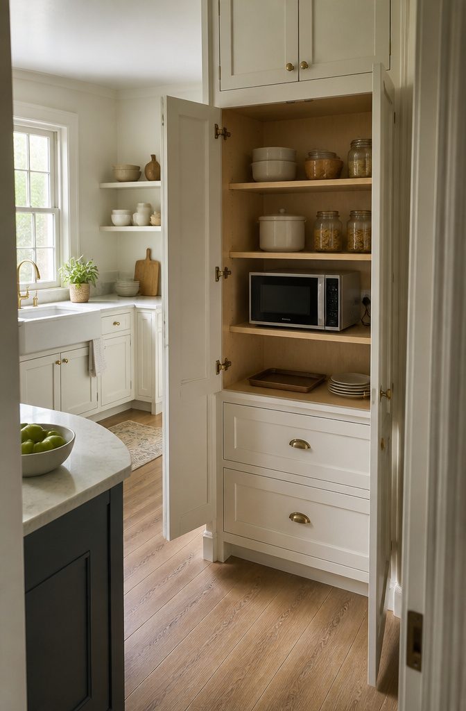 How to Hide Small Kitchen Appliances: 15 Ways 10 Microwave inside an open pantry cupboard beside stored kitchen items