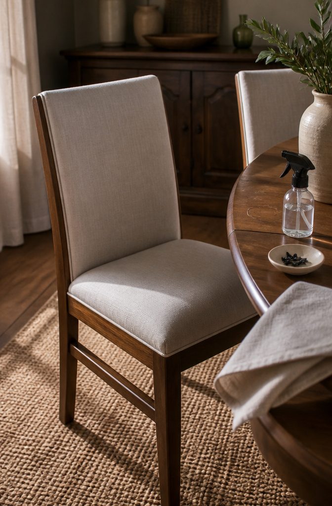 Upright wooden dining chair with new fabric beside spray bottle and screws