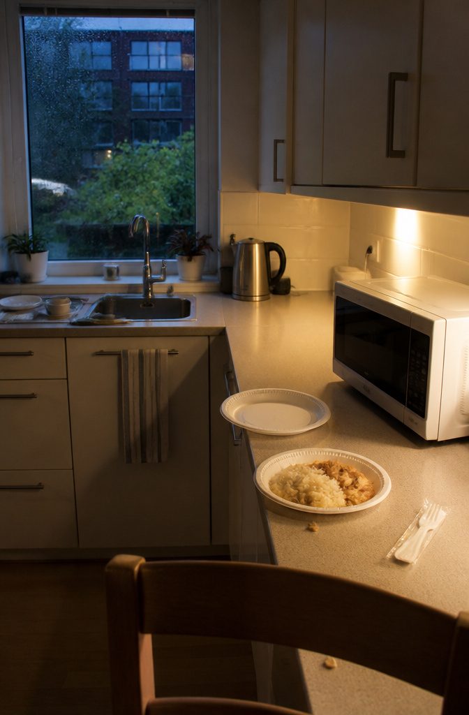 How to Be Motivated to Clean Your Room: 19 Methods 18 Paper plate microwave meal wrapped disposable fork and clean plate on kitchen counter