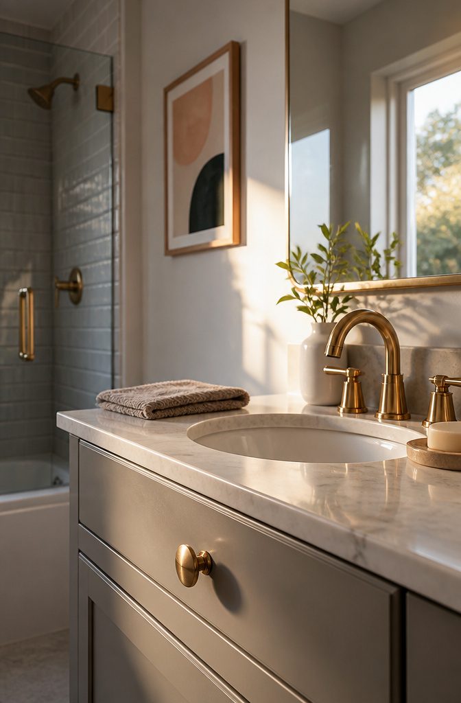 25 Ways to Update a Small Bathroom Without a Full Remodel 10 Champagne-bronze cabinet knob and polished faucet beside a bathroom sink