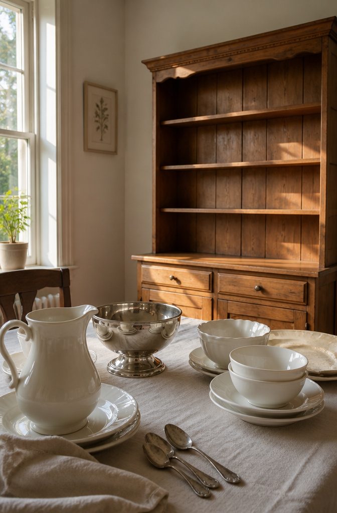 Empty wooden hutch beside a table spread with white dishes a silver bowl and pitcher