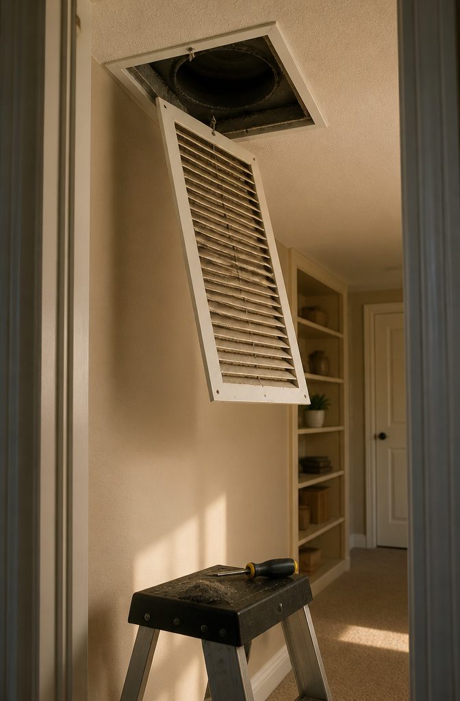Ceiling vent cover held in place while corner screws are loosened