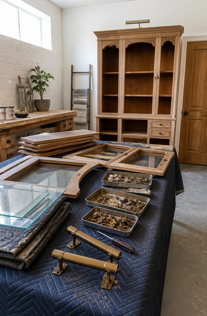 How to Paint a China Cabinet: 7 Steps to a Fresh Finish 3 Standing china cabinet beside removed doors shelves glass and hardware