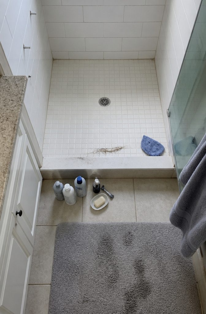Shampoo bottles razors and soap dishes removed from a shower