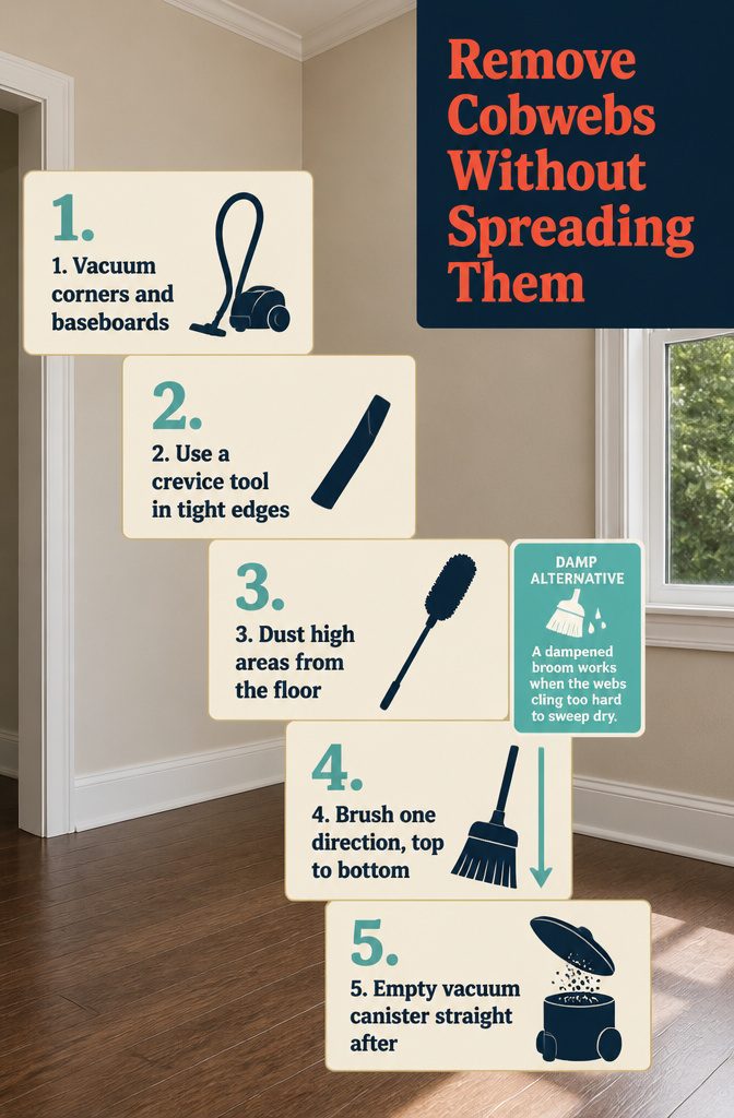 How to Clean Cobwebs: 6 Steps for Webs and Residue 4 Microfiber duster lifting cobwebs from a high ceiling corner