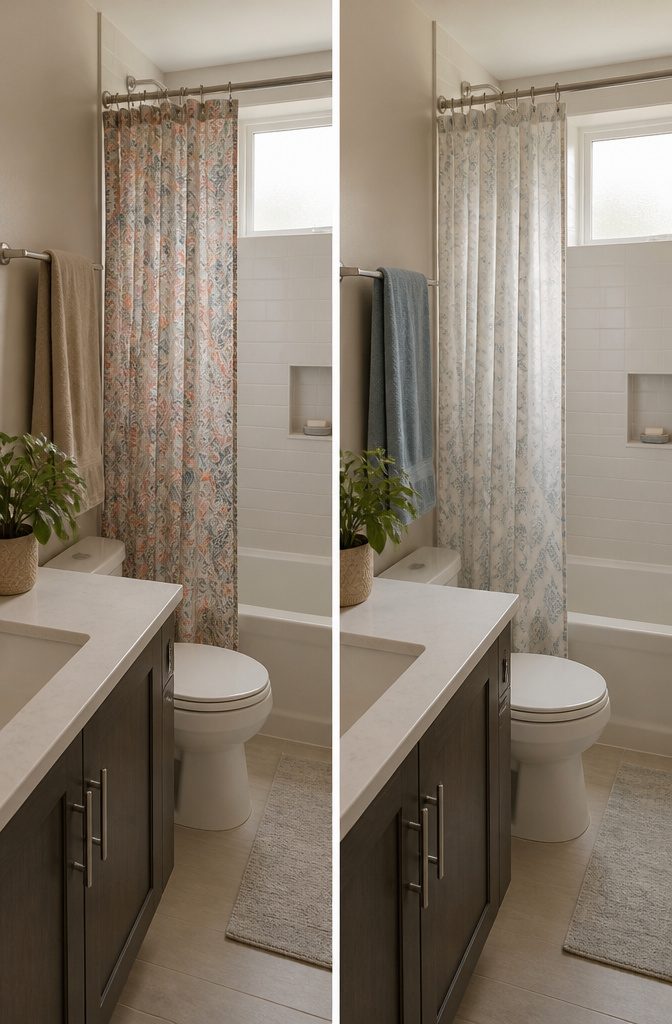 25 Ways to Update a Small Bathroom Without a Full Remodel 21 Textured patterned shower curtain beside white bathroom tile and folded towels