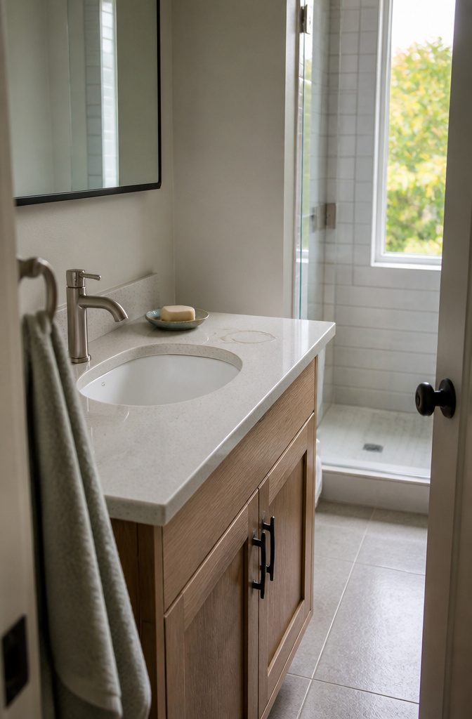25 Ways to Update a Small Bathroom Without a Full Remodel 22 Pale quartz countertop with fine mineral flecks on a 24-inch vanity