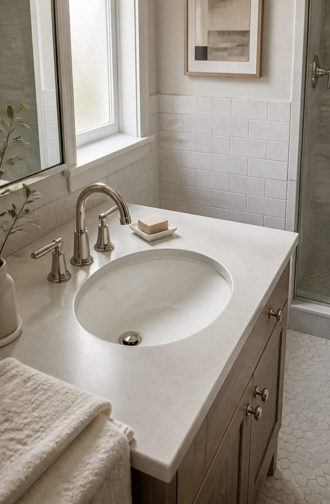 25 Ways to Update a Small Bathroom Without a Full Remodel 23 Undermount bathroom sink set below a pale stone countertop