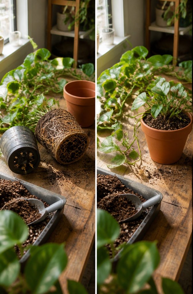 How to Care for Pothos: 7 Steps for Healthy Indoor Vines 9 Pothos removed from a pot with roots visible around the root ball