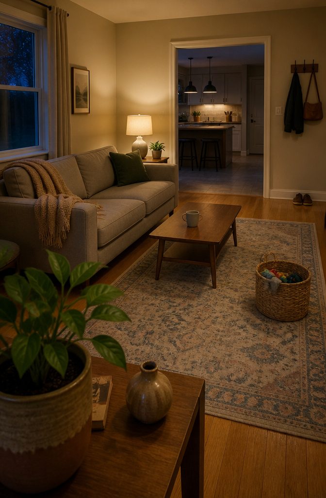 Living room with folded blankets, toys in bins and a clear coffee table