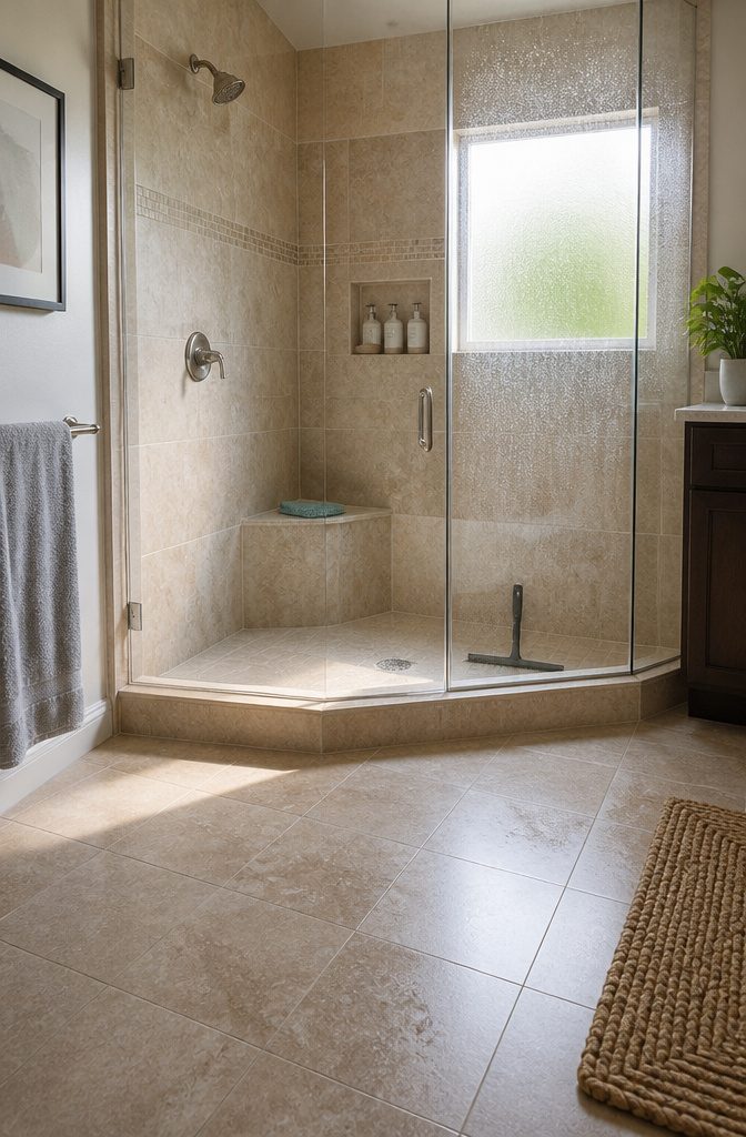 Shower glass and walls being dried with squeegee and microfiber cloth