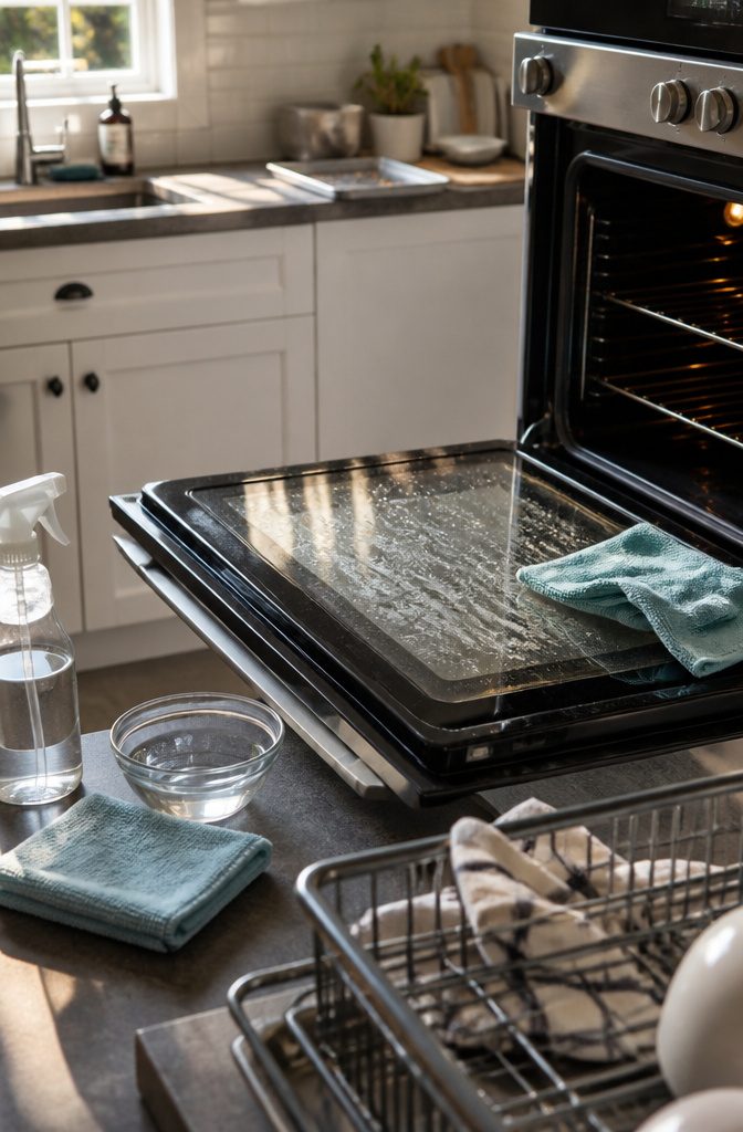 How to Clean Oven Glass Window: 8 Steps for Streak-Free Results 8 Oven glass with water droplets, spray bottle, rinse bowl and dry cloth