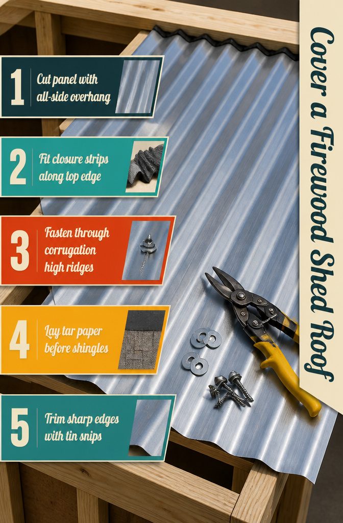 How to Build a Firewood Shed: 7 Steps from Ground to Roof 7 Firewood shed roof with corrugated metal panel and visible fasteners
