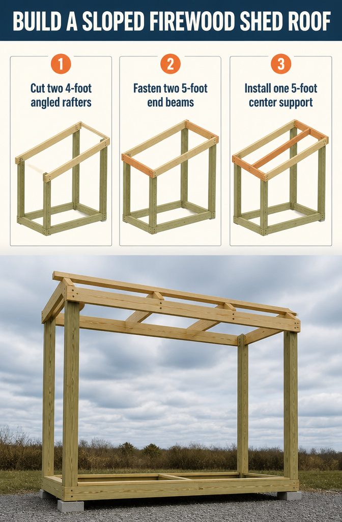 How to Build a Firewood Shed: 7 Steps from Ground to Roof 6 Firewood shed roof frame with angled rafters and center support