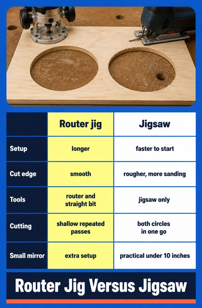 How to Frame a Round Mirror DIY: 7 Steps Start to Finish 10 Router jig and jigsaw beside a round frame outline on plywood