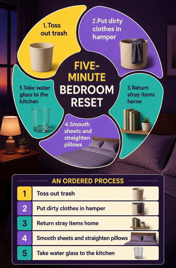 How to Keep a Room Clean: 10 Methods That Work 8 Bedroom with a made bed and belongings put away