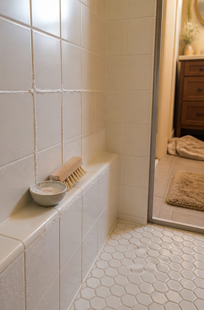 White tiled shower wall with paste in grout lines and brush