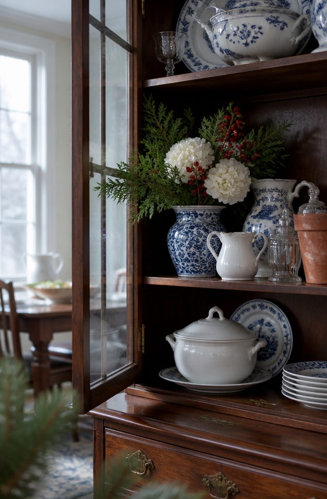 China cabinet with seasonal greenery and flowers among displayed dishes
