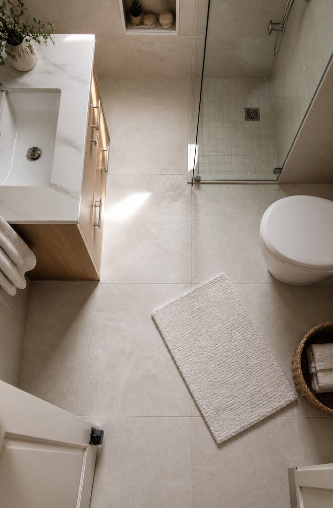 25 Ways to Update a Small Bathroom Without a Full Remodel 8 Small bathroom floor covered in large square tiles with narrow grout lines