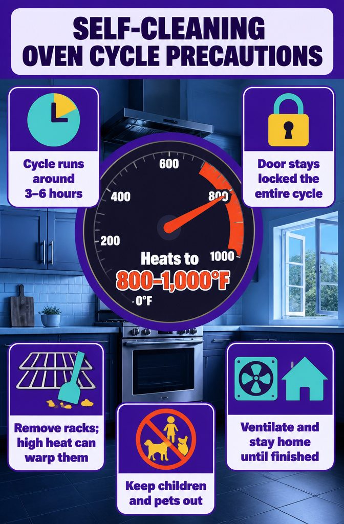 How to Deep Clean an Oven: 6 Steps from Start to Finish 8 Self-cleaning oven graphic with safety precautions and a locked door