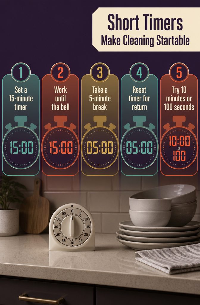 How to Be Motivated to Clean Your Room: 19 Methods 3 Cleaning infographic about using short timers to start a cleaning session